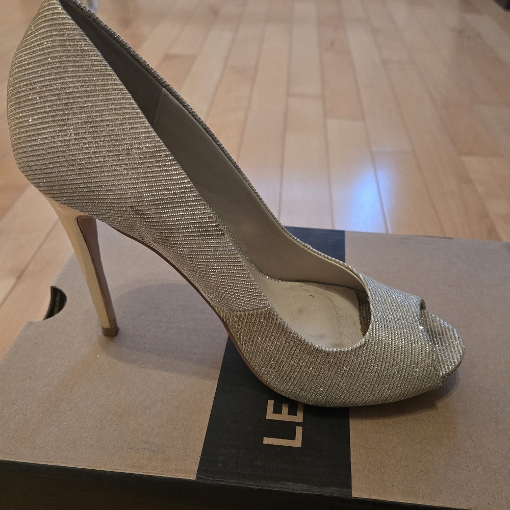 Le Chateau Shimmering Gold Peep-Toe Heels
